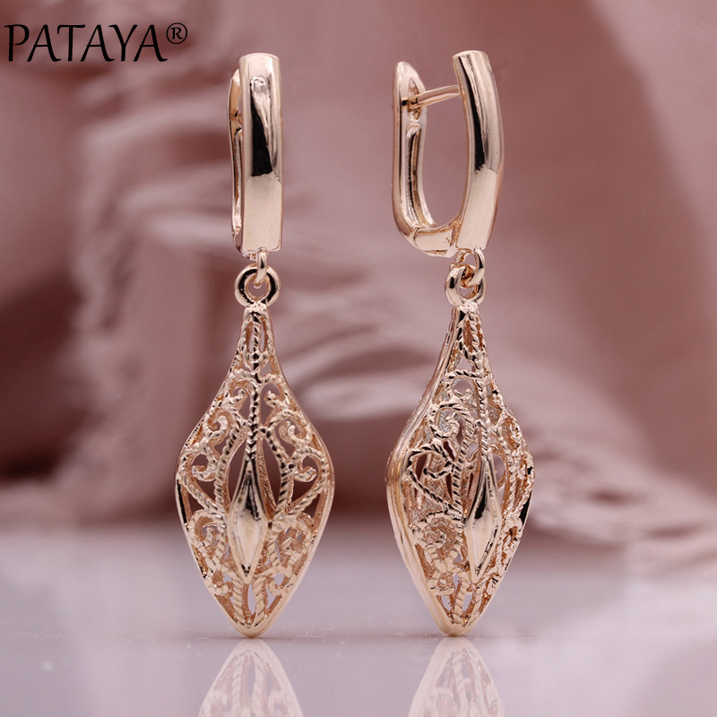 

PATAYA New Carve Flower Long Earrings Women Unique Gift Fine Wedding Fashion Jewelry 585 Rose Gold Hollow Cone Dangle Earrings