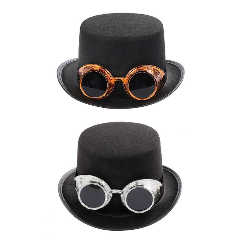 

Victorian Steampunk Gothic Top Hat with Detachable Goggles Bowler Jazz Cap Halloween Cosplay Carnival Costume Accessory, Silver