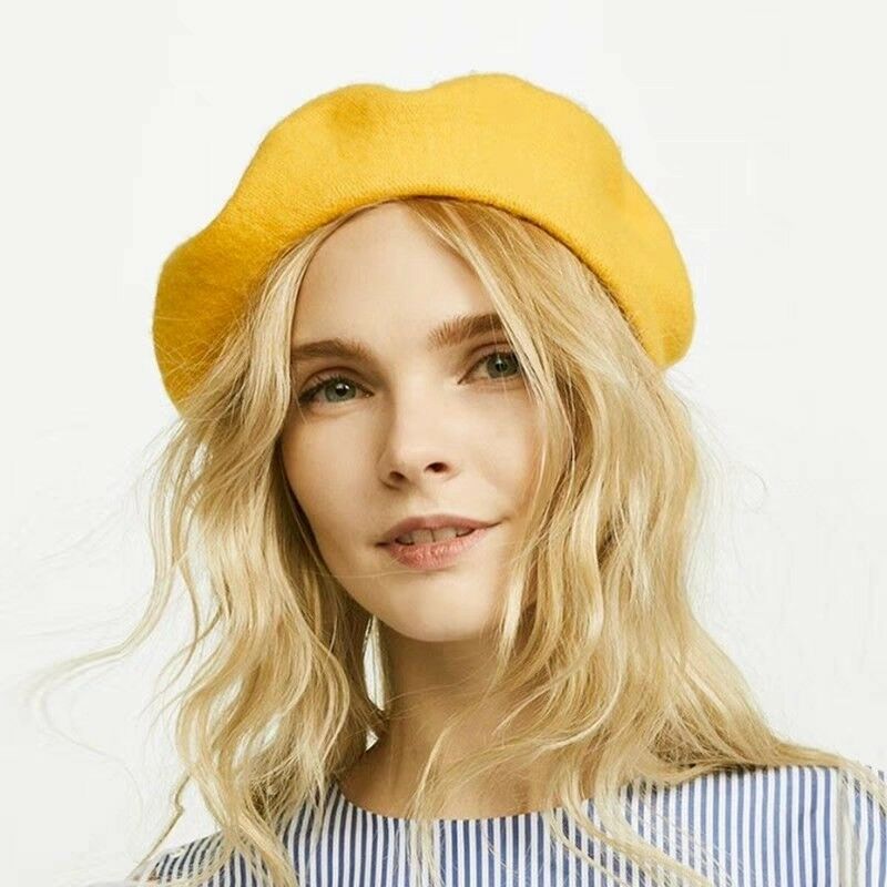 

Winter Women Warm Faux Wool Berets Girls French Artist Beanie Hat Cap Kawaii Flat Top Caps warmers Multicolor, White