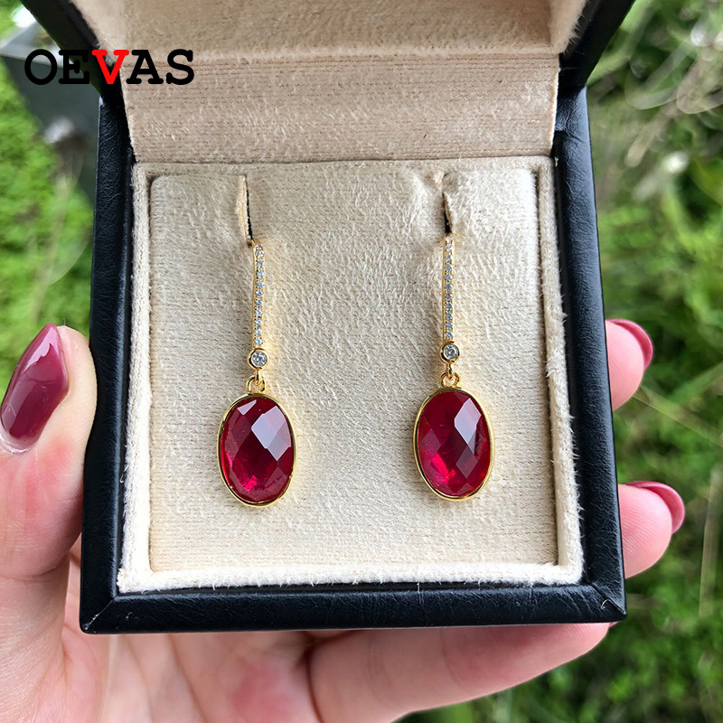 

OEVAS Vintage 100% 925 Sterling Silver Ruby Drop Dangle Yellow Gold Earrings Women Party Cocktail Fine Jewelry Wholesale