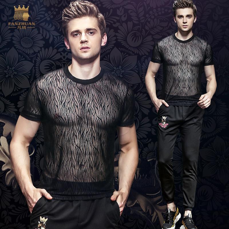 

Fanzhuan Free Shipping 2018 Male Men's Perspective Hollow T-Shirt Summer Personality Thin black Lace Jacquard Night Club 815133