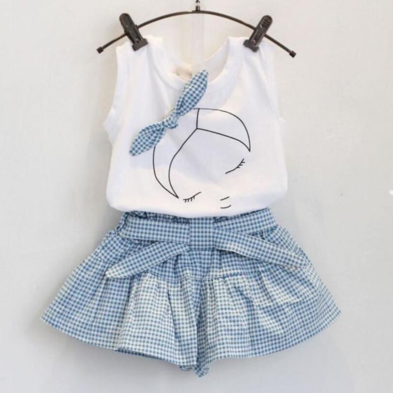 

Girls Clothing Sets 2019 Brand Summer Style Kids Clothing Sets Sleeveless White T-shirt+Plaid Culottes 2Pc Girl Suit