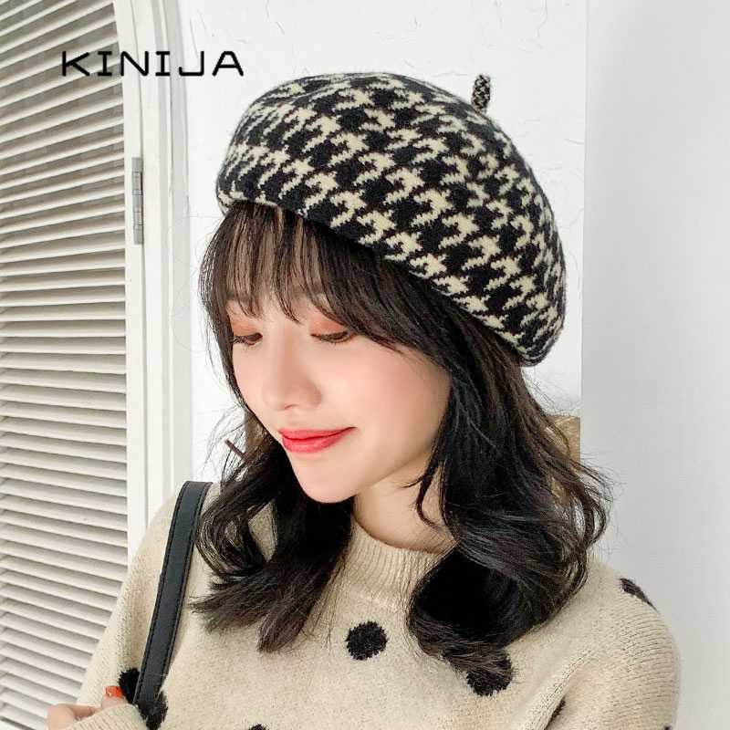 

Retro Duotone Swallow Gird beret Hat autumn Japanese casual wool beret Fashionable Winter Hat high quality Korean Knitted cap, Black