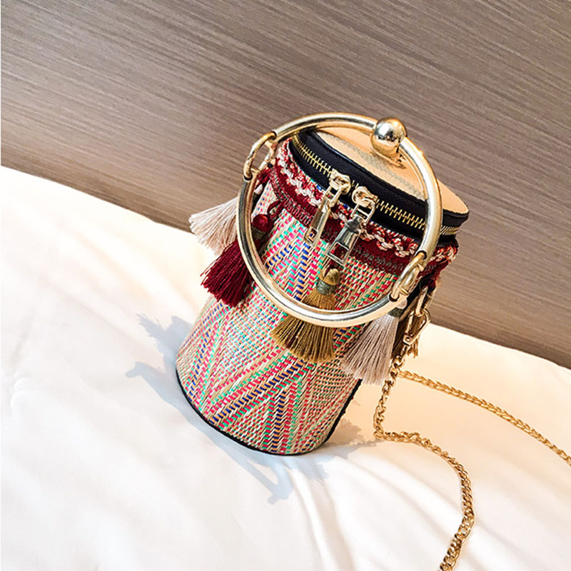 

Women's Tassels Straddle Shoulder Single Bag Bucket Woven Clan Straw New Chain Leisure Name Wind Fashion Handbag Amjth, Red