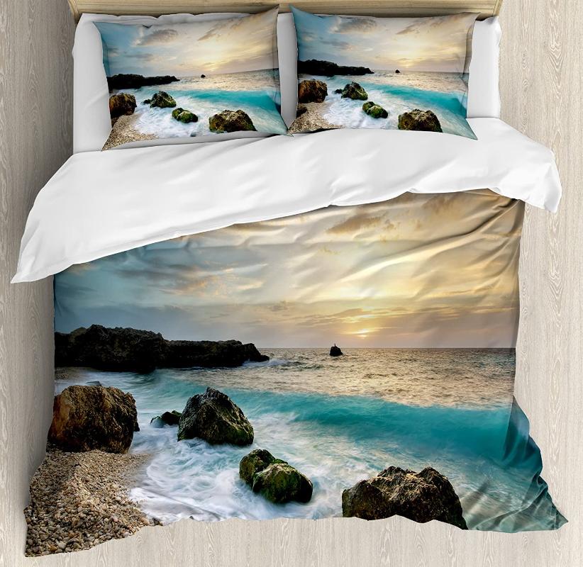 

Ocean Duvet Cover Set Seascape Composition of Nature Rocks Waves Cloudy Sky Rising Sun Beach Photo Bedding Set Brown Blue Yellow, As pic