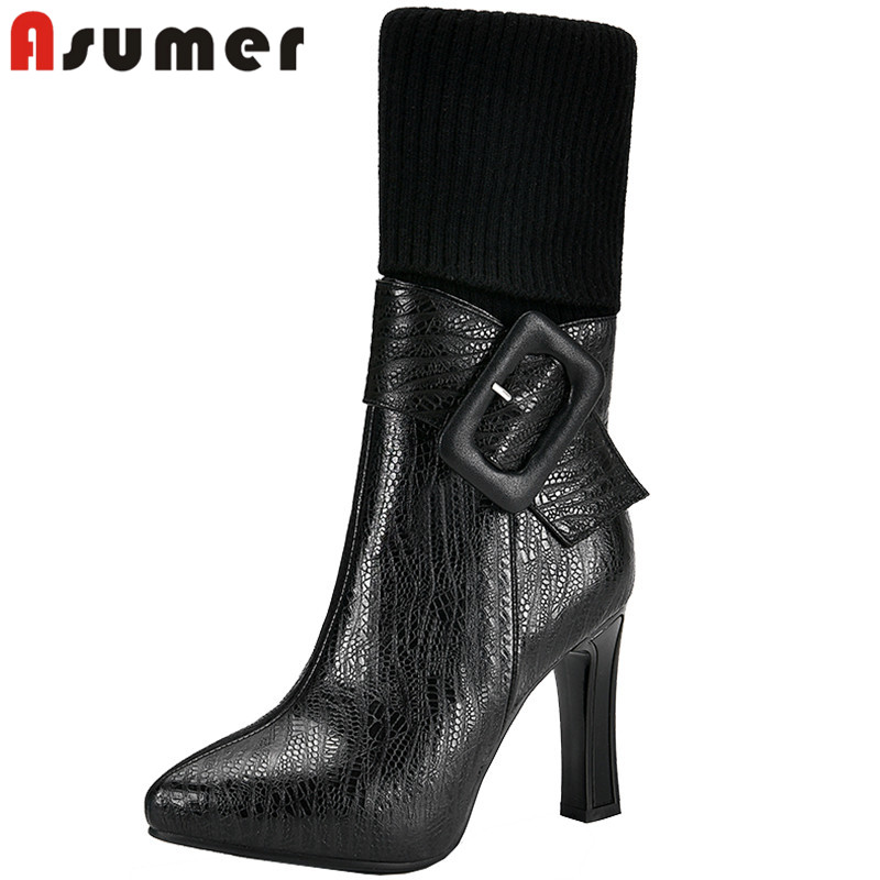 

Asumer 2020 hot sale autumn winter knitting genuine leather stretch boots woman zip high heel dress shoes women ankle boots, Wine red not fur