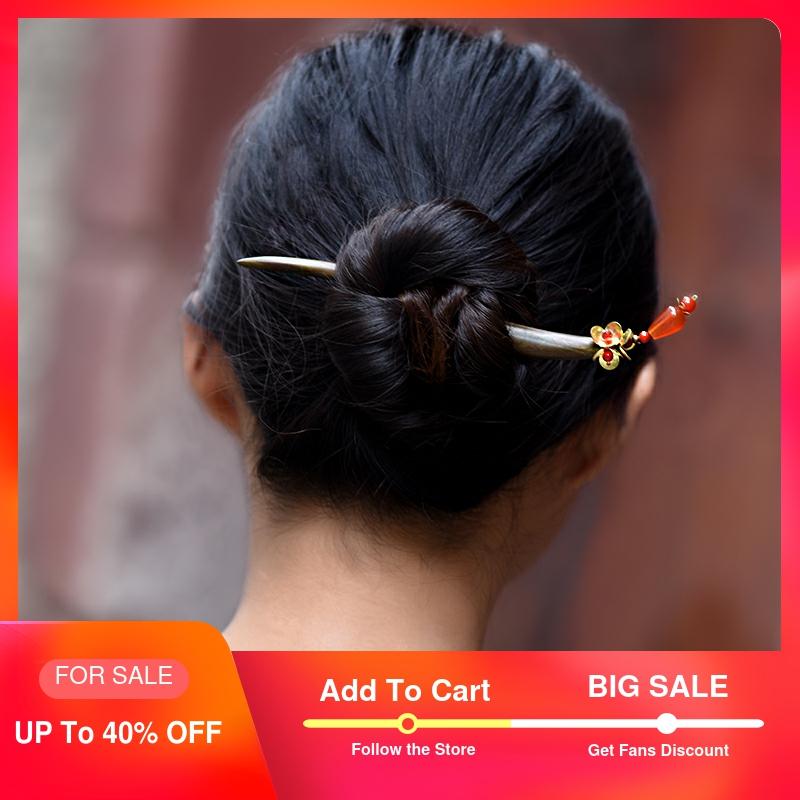 

ethnic hairpin for women sanders wood sticks charm copper flower red carnelian drop vintage jewelry 2020 fashion gift