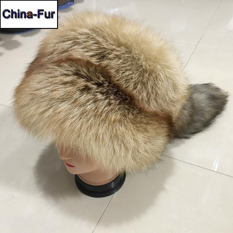 

2020 New Style Natural Real Fur Hat Winter Women Adjustable Size 100% Real Fur Cap Casual Warm Russia Caps, Red fur 1
