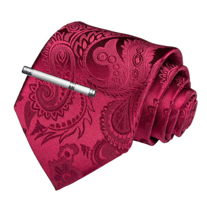 

High Quality Men's Tie Red Solid Paisley Silk Wedding Tie For Men DiBanGu Designer Hanky Cufflinks Clip Set Dropshipping MJ-7189