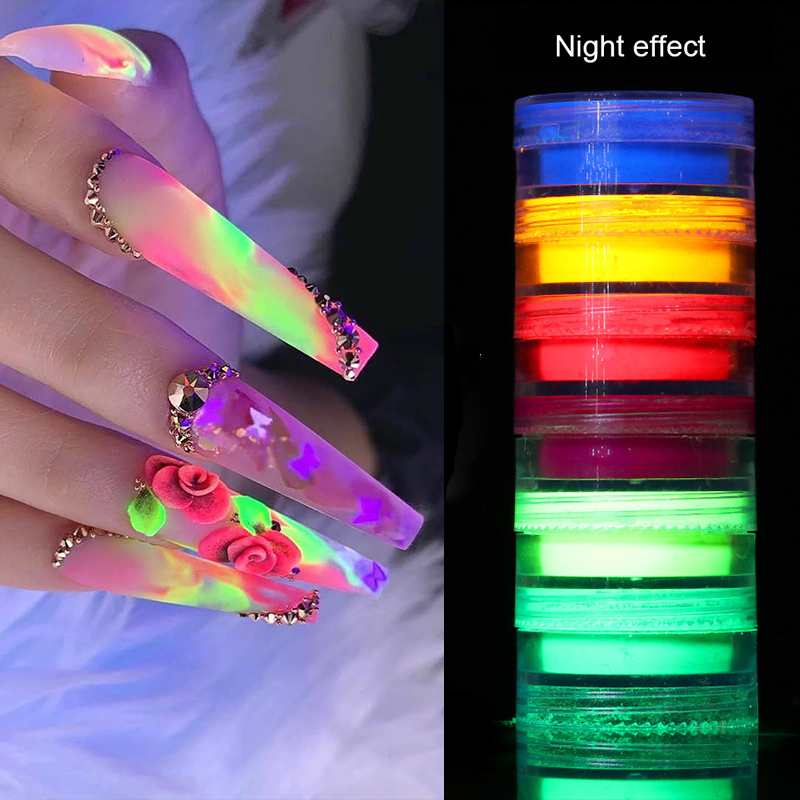 

12/6 Boxes Neon Phosphor Pigment Nail Powder Set Fluorescent Nail Glitter Eye Powder Decoration Art Dust Pigment 1 Box