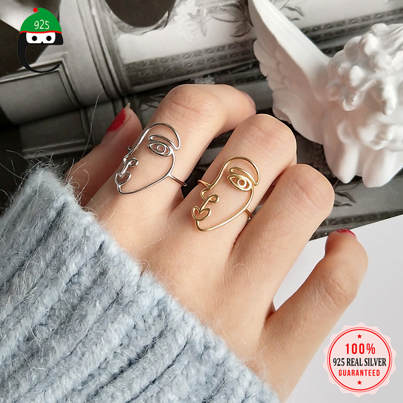 

ElfoPlataSi Real Minimalist 925 Sterling Silver Irregular Human Face Open Ring For Women Wedding Party S925 Jewelry Gift DA1352