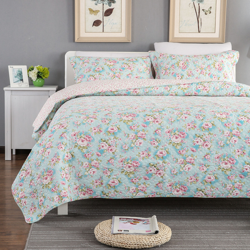 

100%Cotton Pastoral Floral Stitching  3pcs Set Quilt Air Condition Summer Thin Comforter Bed Cover Bedspread Sheet Blanket, As pic