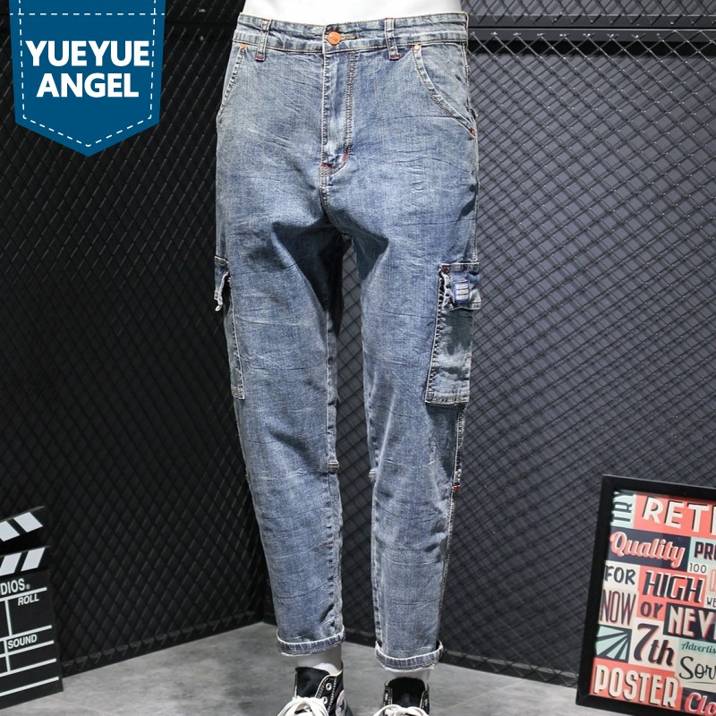 

Japan Style Loose Hip Hop Jeans Men Multi-pocket Washed Straight Cargo Pants Street Light Blue Harem Denim Pants Plus Size 42, 066