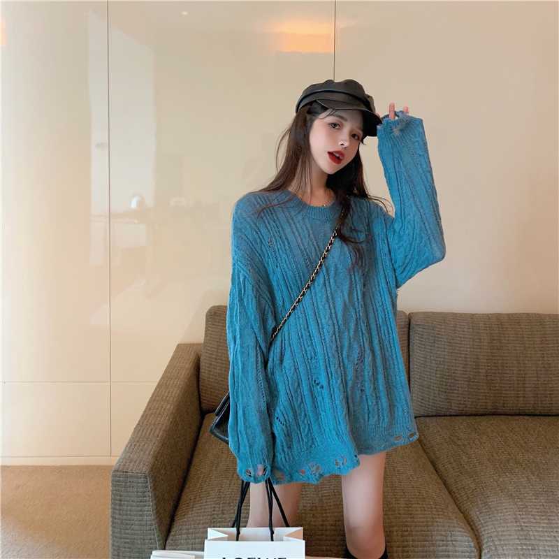 

plus size Simple Korean Women's Clothing fashion brand spring fall knitted tops female full sleeve casual pullover Sweaters hole, Blue