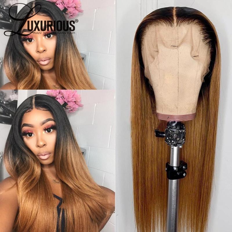 

150 Density Straight Honey Blonde Lace Front Wig 1B #27 Ombre Colored Human Hair Wigs Peruvian Remy Closure Wig Bleached Knots, As pic
