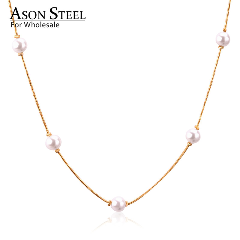 

ASONSTEEL Gold/Silver Color White Black Round Imitation Pearl Pendant Necklace Stainless Steel Snake Chain Jewelry Gift Party