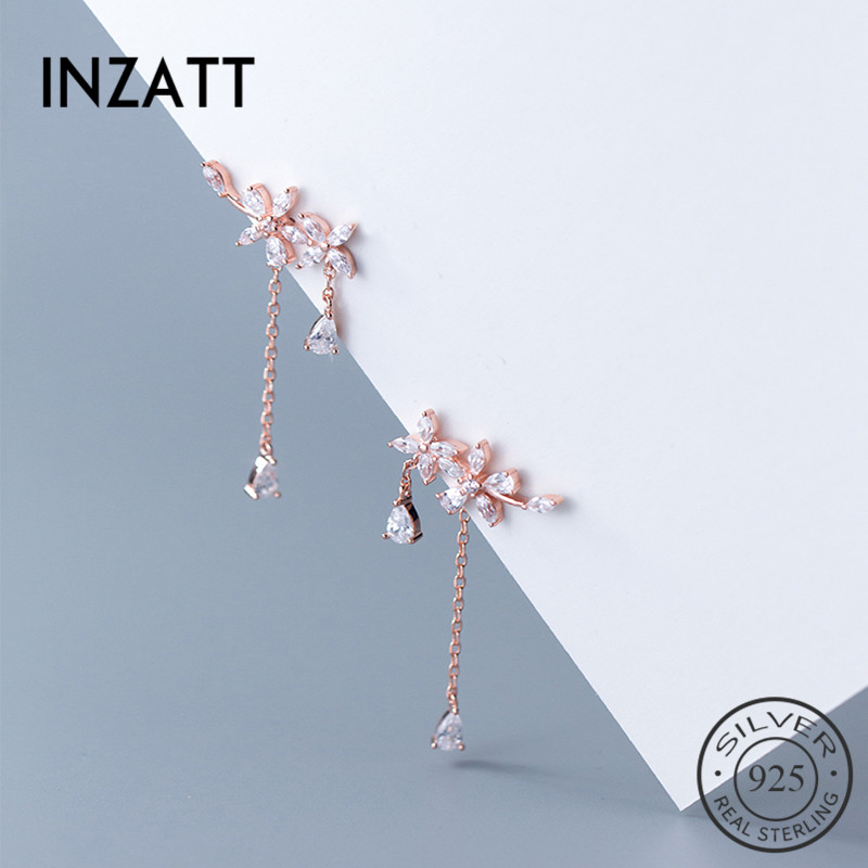 

INZAReal 925 Sterling Silver Flower Zircon Waterdrop Dangle Drop Earrings For Women Elegant Tassel Fashion Jewelry Rose Gold