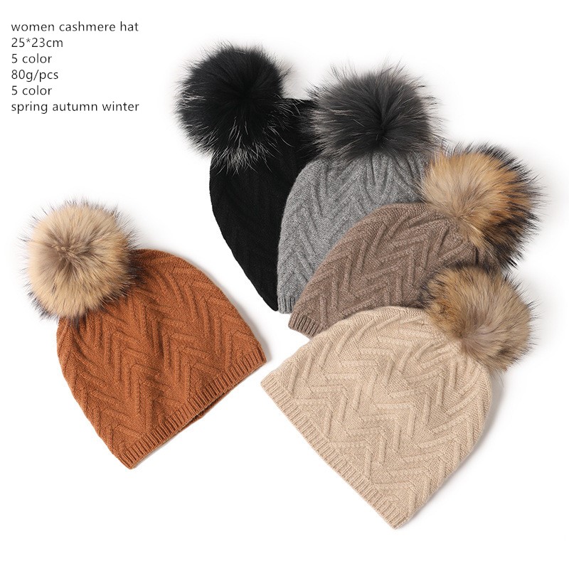 

Naizaiga 100% cashmere solid pure cashmere raccoon fur ball women hat , SN746