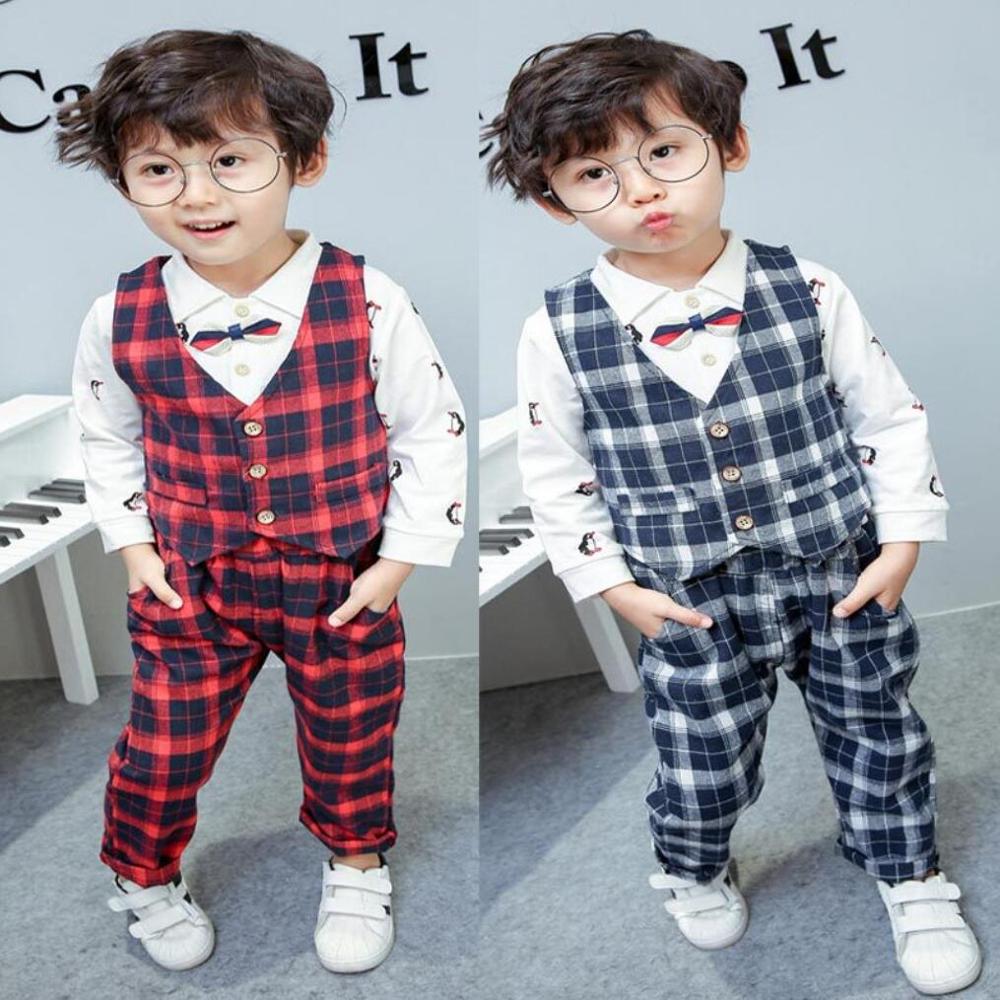 

Brand New Gentleman Baby Boy Clothing 3 PCS Set Bow-Tie Waistcoat T shirt Pants Suit Sets Boys Western-Style Clothes, Red