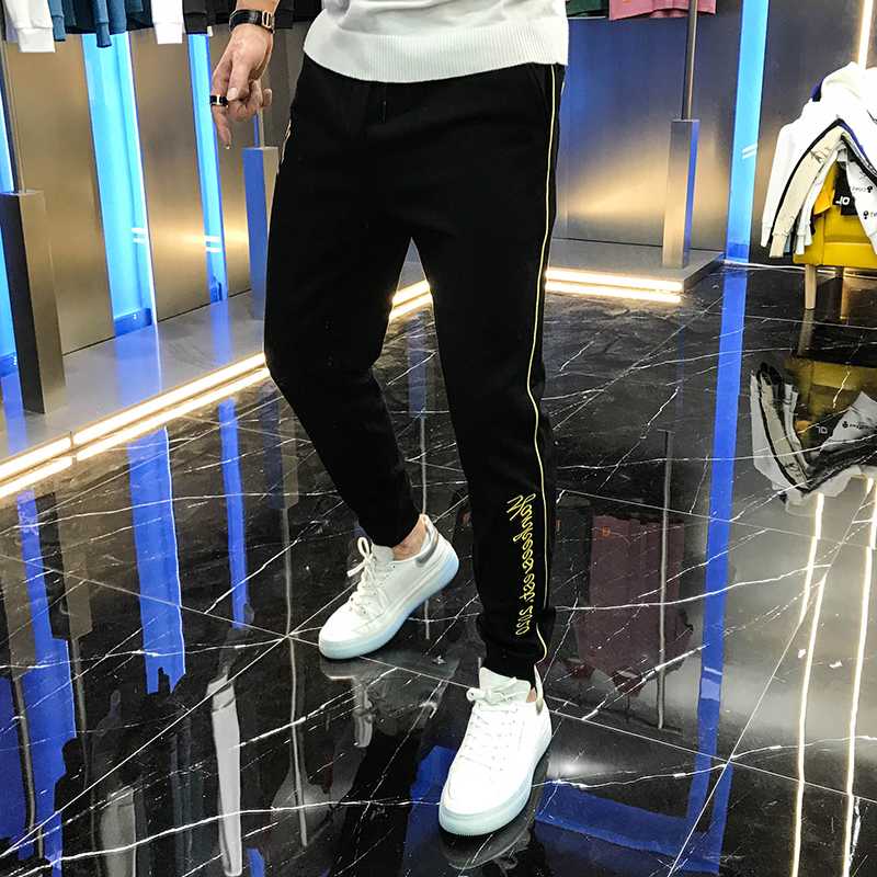 

2020 autumn men's casual pants trend personalized embroidered letter mid waist trousers black leggings handsome youth net red