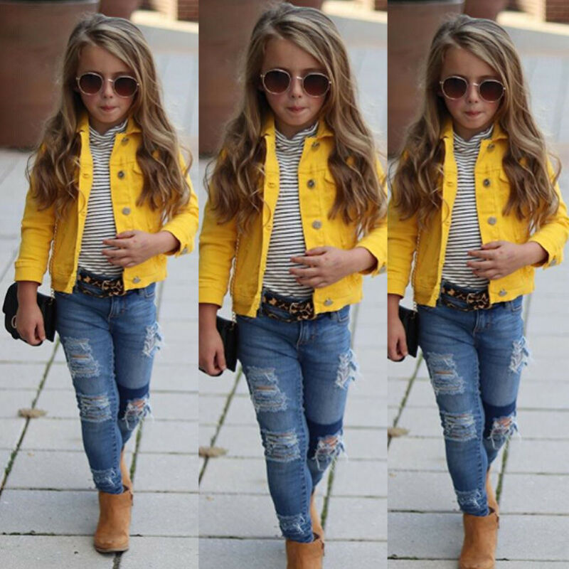 

1-6years Kids Girls Denim Jacket Toddler Children Autumn Winter Outerwear Yellow Outwear Kids Jacket Girl Coats Children Clothes, As pic