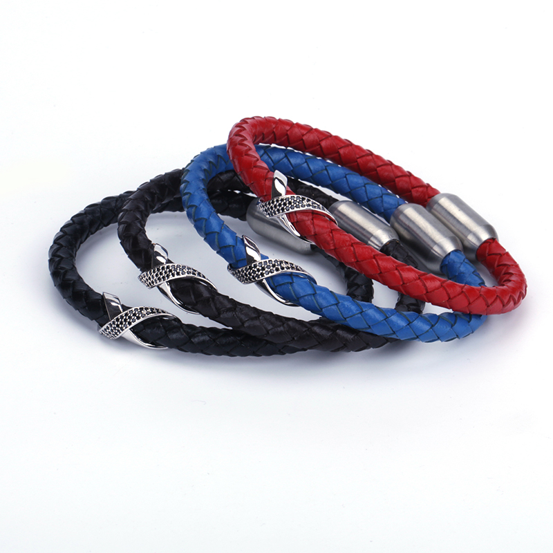 

New Dark Brown Black Blue Red Macrame Leather Silvery Pave CZ X Charm Stainless Steel Magnetic Clasp Bracelets Bangles For Men