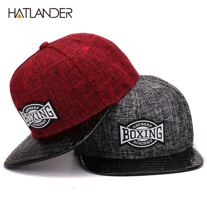

HATLANDERQuality linen cotton mens snapback cap rubber patch hiphop pu crocodile skin flat baseball cap for boys and girls, Black