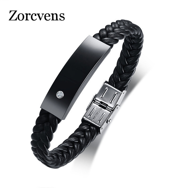 

Modyle New Brand Black Genuine Leather Stainless Steel Charm Bracelets Bangles For Men with White CZ Stone
