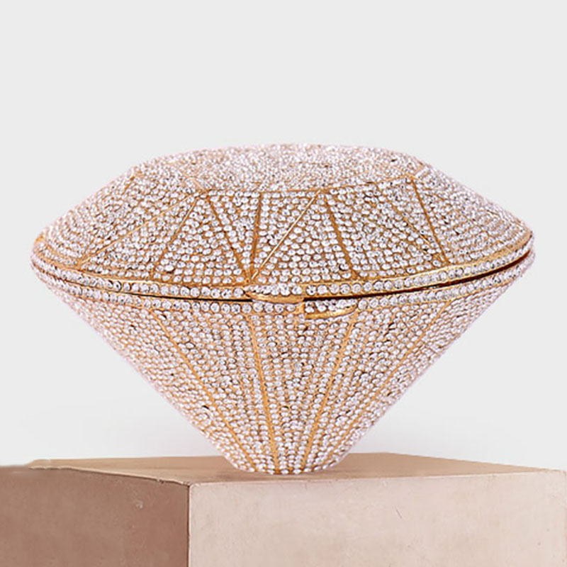 

2020 XIYUAN New Arrival Gold Metal White Crystal Evening Clutch Bags Luxury Conical Shape Ladies Wedding Party Purses Handbags