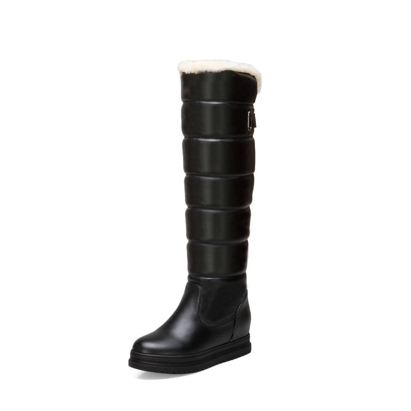 

Fashion Winter snow Boots Pu Leather Women Knee High Boots Fashion Slip on Wedges Heel Women Big Size 34-43, Black