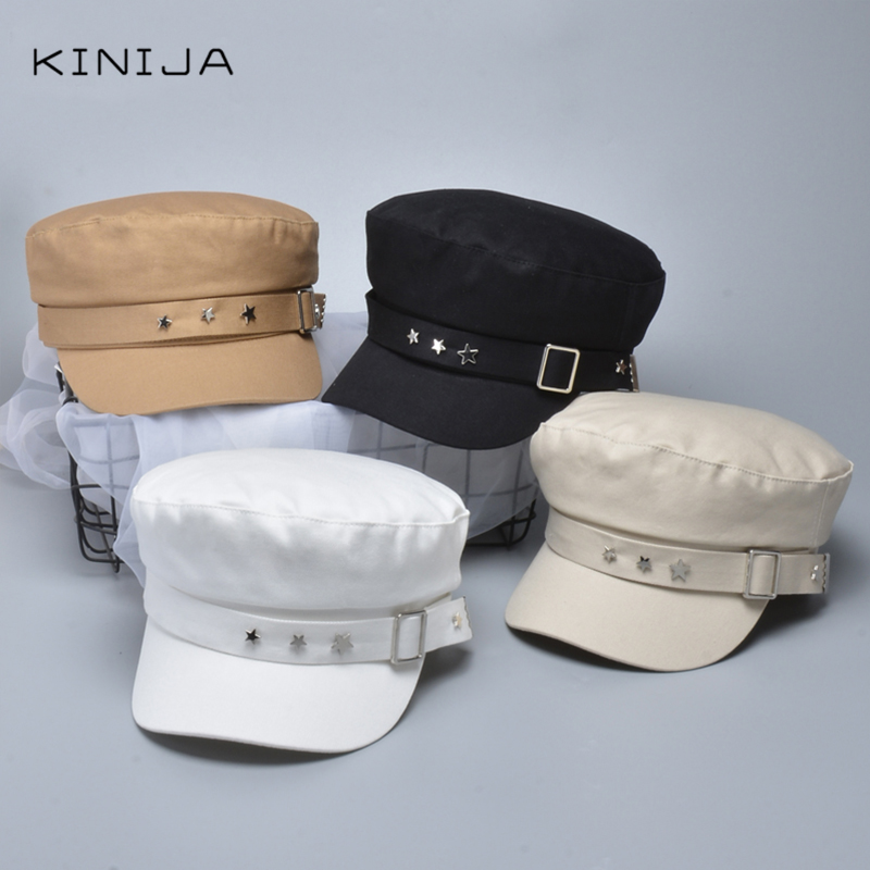 

Berets Fashion Sailor Cap Punk Rivet Hat Marine Caps For Lady Octagonal Pure Color Flat Top Sboy Retro Casual Beret, Black