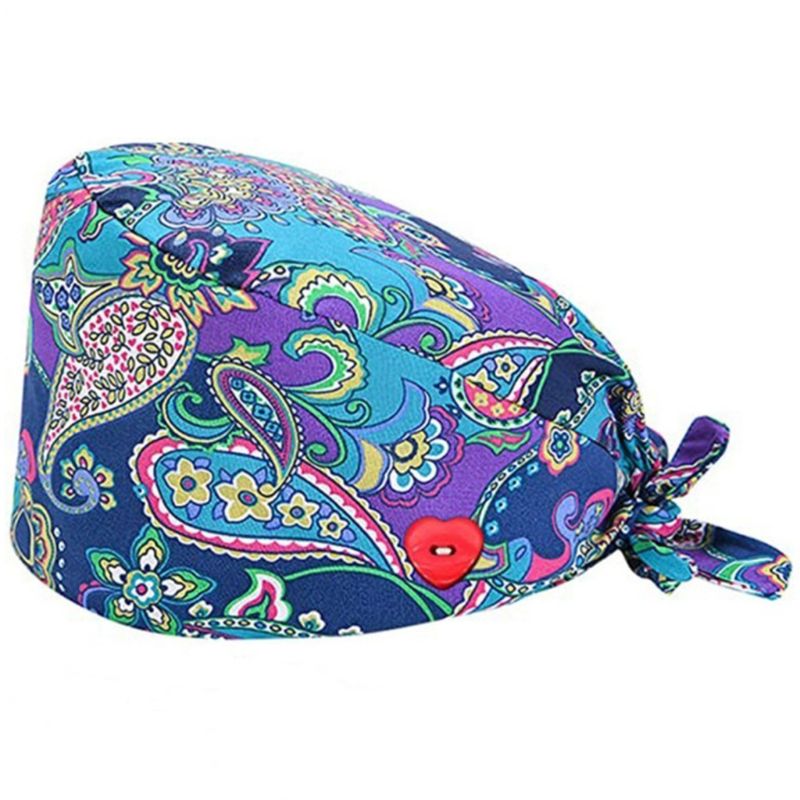 

Women Ethnic Paisley Buttons Scrub Cap wtih Hair Ties Work Bouffant Hat