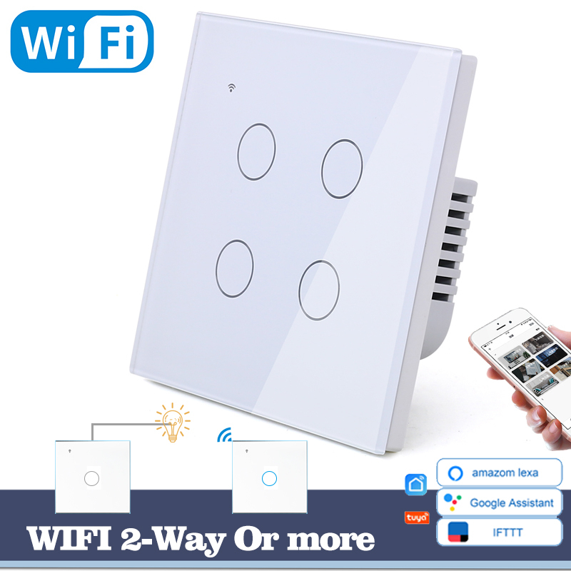 

WIFI Touch Light Wall Switch White Glass Blue LED Universal Smart Home Phone Control 4 Gang 2 Way Round relay Alexa Google Home
