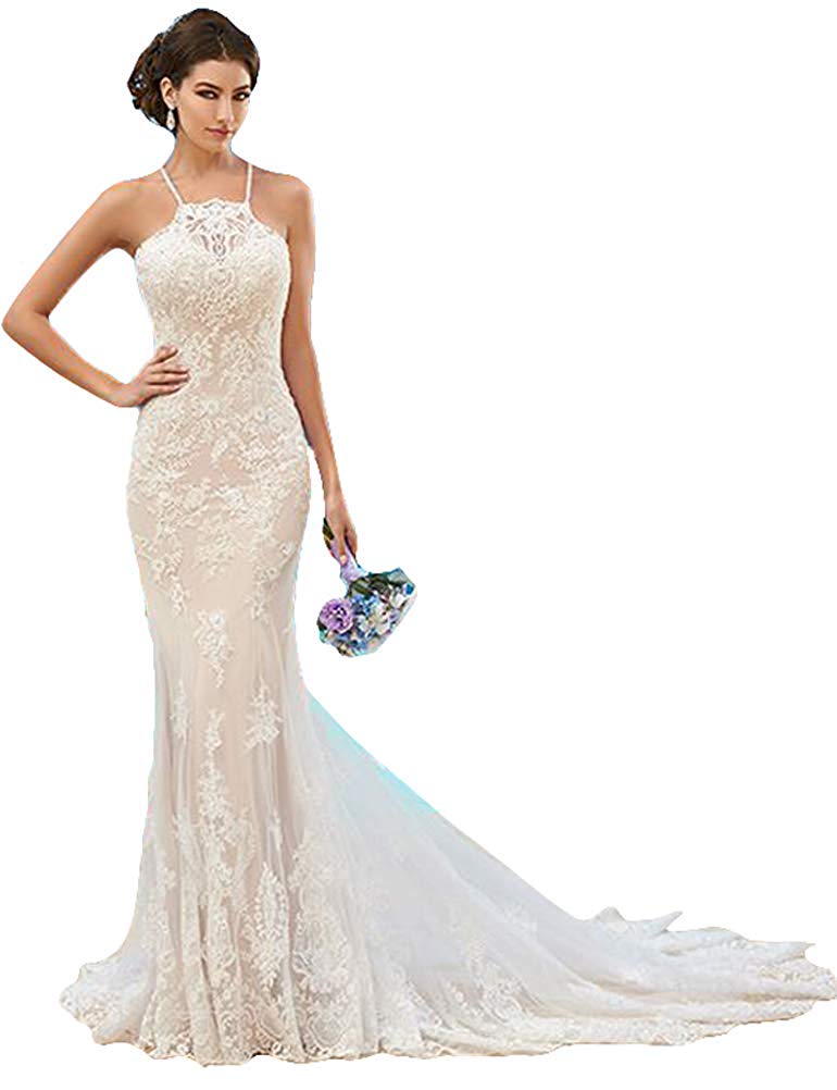 

2019 New Women's Beach Wedding Dresses Mermaid Lace Bridal Dresses Halter Sweep Train Dress for Wedding, White