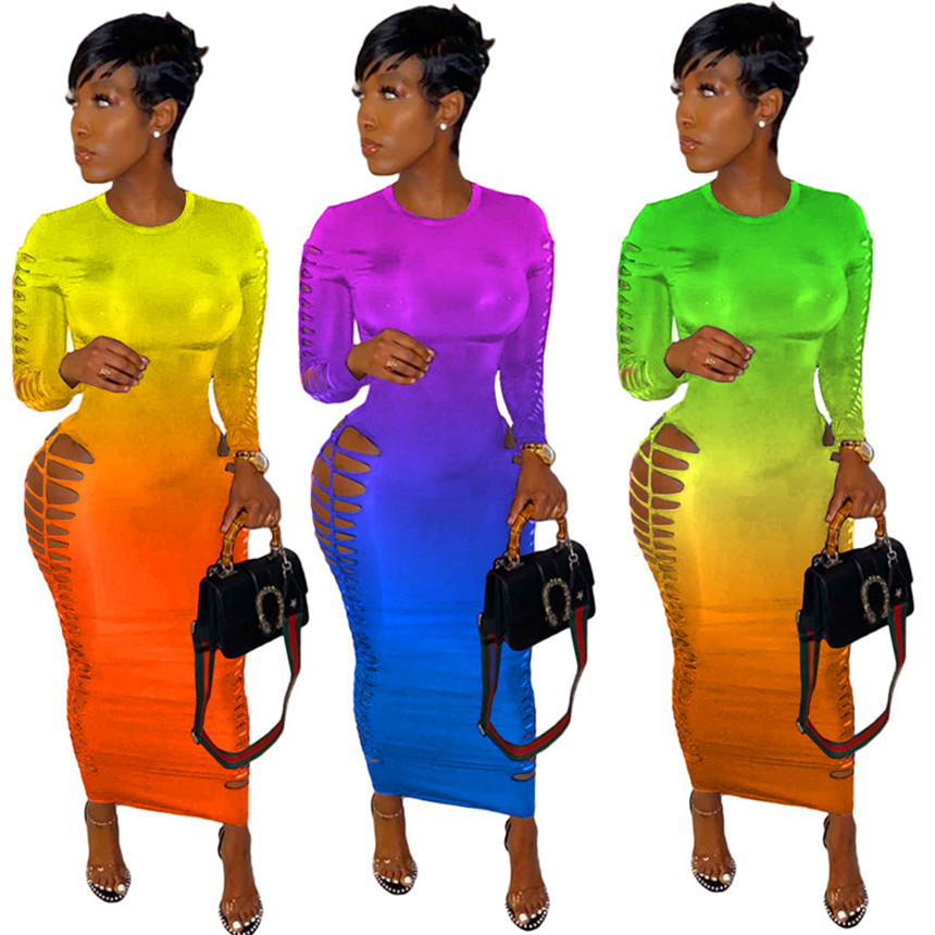 Women ripped dresses gardient maxi skirts long sleeve dress fashion clubwear hollow out skinny dress plus size fall winter clothing 3816-image-585276296