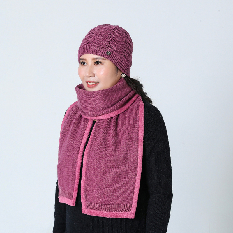 

High Quality Female Middle-aged Skullies Wool Blend Winter Warm Knitted Wool Hat Beanie Hats Scarf Two Piece, Khaki