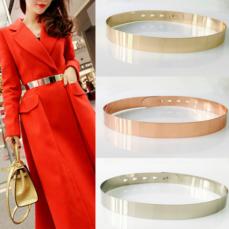 

Fashion Women Adjustable Metal Waist Belt Bling Gold Silver Color Plate Vintage Lady Simple Belts Mirror Waistband