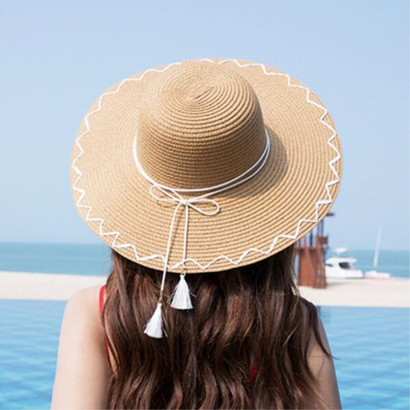 

Seioum Seaside Sun Visor Hat Soild Sunhat With Tassel Female Sun Summer Hats for Women Wide Brim Straw Hat Beach Chapeau Femme, Khaki