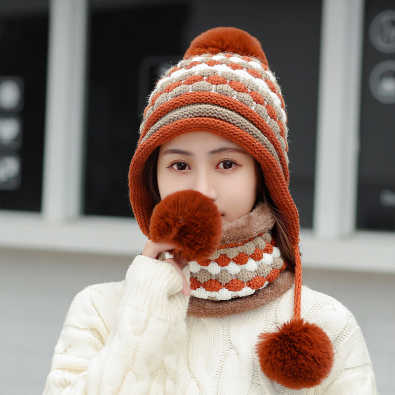 

winter women hat ring scarf set femme Ear protection face neck Ball cap Plush thicken warm knit wool cap outdoor cycling Beanies, Pink