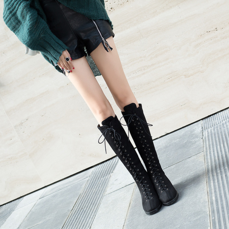 

YMECHIC 2020 Flock Footwear Woman Knee High Lace Up Boots Block Heel Shoes Black Plus Size Ladies Knight Motorcycle Boots Female