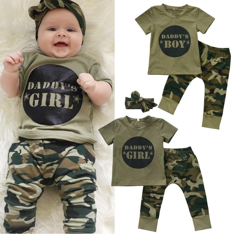 

0-24Months Baby Boys Girls Clothes Camouflage Sets Letter Short Sleeve T-shirt Tops Pants Outfit Toddler Summer Clothing Set
