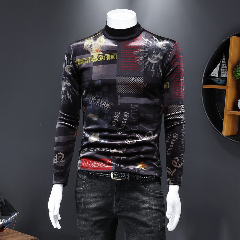 

2022 new men's tops Korean version plus velvet thick high-neck long-sleeved T-shirt digital printing fashion casual plus size bottoming shirt, Gradient