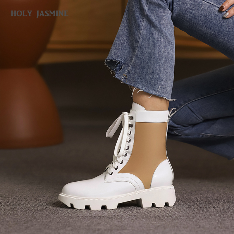 

New Genuine Leather Fashion Boots 2020 Autumn Winter Lace-Up Flat with Round Toe Women Motorcycle Boots Ankle Rubber Cross-tied, White with beige