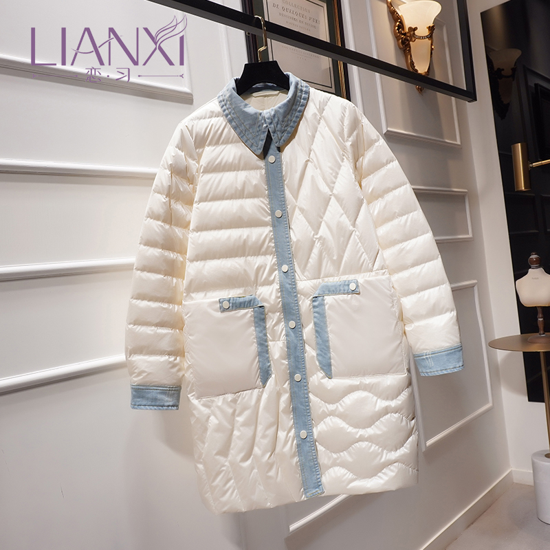 

2020 New Winter Women Korean Loose White Duck Down Coat Female Thin Denim Patchwork Single Breasted Long Oversize Parkas S52, Tu pian se