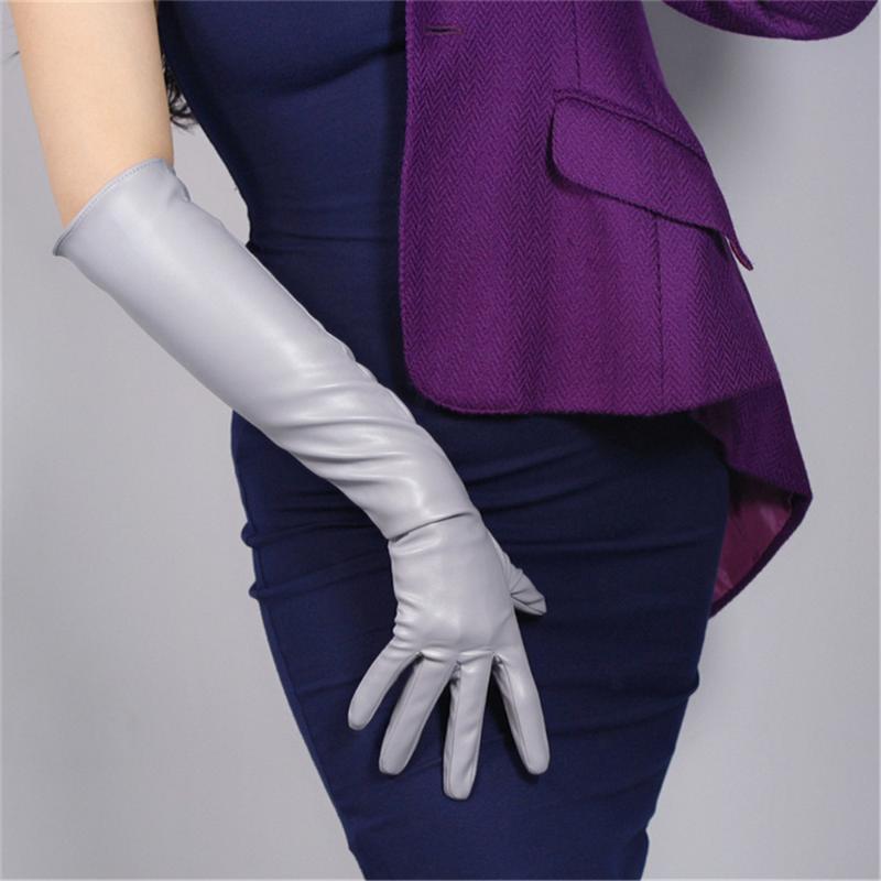

50cm Fashion Leather Gloves Long Simulation Leather Silver Gray Light Gray 3-PUQHS50