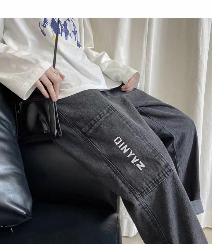 

Men Jeans Pants Straight Leg Youngster Elastic Drawstring Waistband Youthful Vitality Boy Casual Versatile Wide Leg Pants -3XL, Black