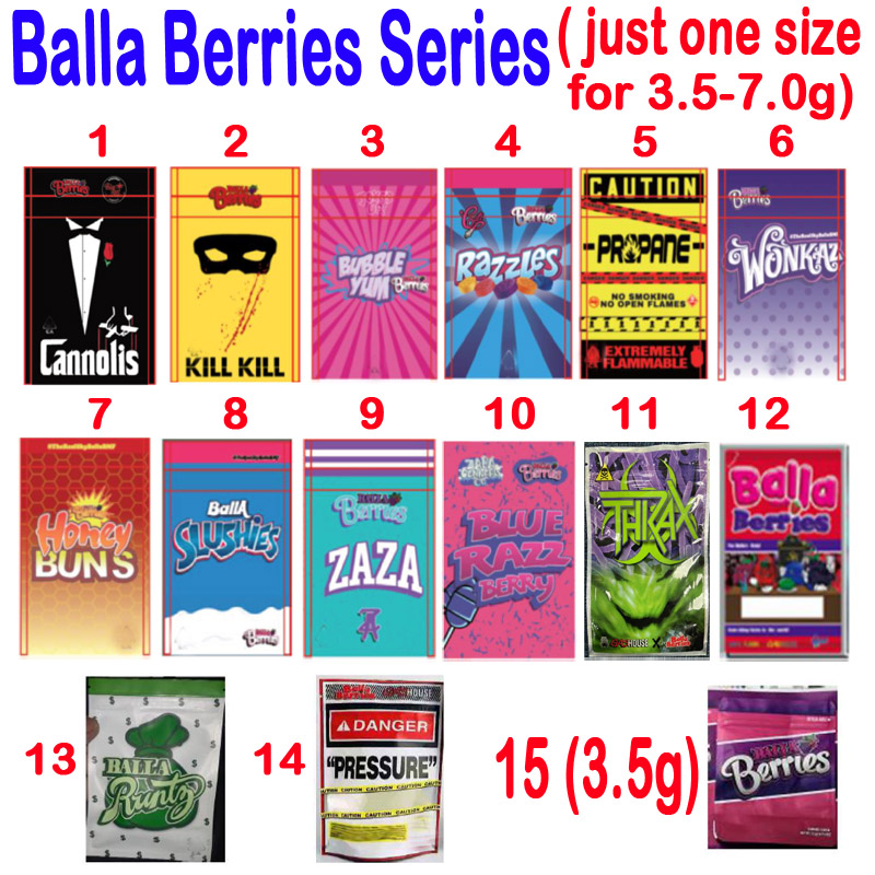 

Empty 3.5g 7.0g Balla Berries Packaging BAGS CANNOLIS BUBBLE YUM RAZZLES PROPANE WONKAZ ZAZA BALLA RUNTZ SLUSHIES PRESSURE THKAX PACKAGE BAG