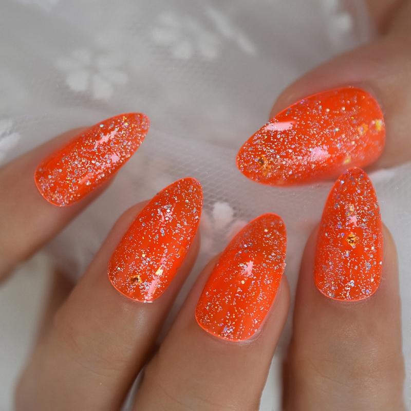 

Orange Glitter Stiletto False Nails Jelly Neon Medium Press On Fingernails Transparent Tips Full Cover 24, L5114