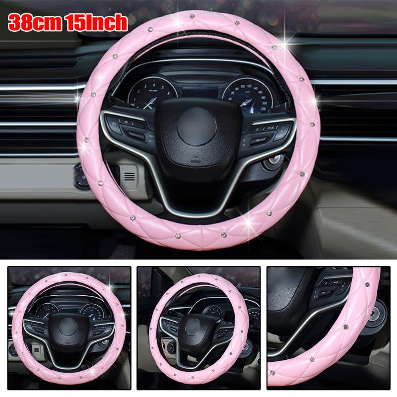 

Universal 37-38CM/15" Pink Car Steering Wheel Cover PU Leather Bling With Rhinestone Decortion Car Styling Accessories Hot Sale