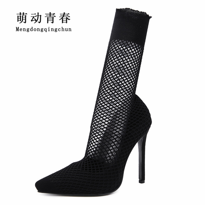 

New Women High Heels Boots Sexy Lace Hollow Out Pointed Toe Spring Autumn Boots Stretch Fabric Knee High Slim Thigh Sock, Black